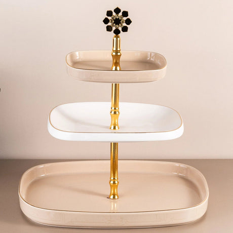 Otantik Mirral Luxury 3 - Tier Porcelain Dessert & Cake Stand – Beige with Gold Finish (30*32 cm) - Al Kabayel Discount CentreOtantik Mirral Luxury 3 - Tier Porcelain Dessert & Cake Stand – Beige with Gold Finish (30*32 cm)Serving TraysOTANTIKAl Kabayel Discount Centre