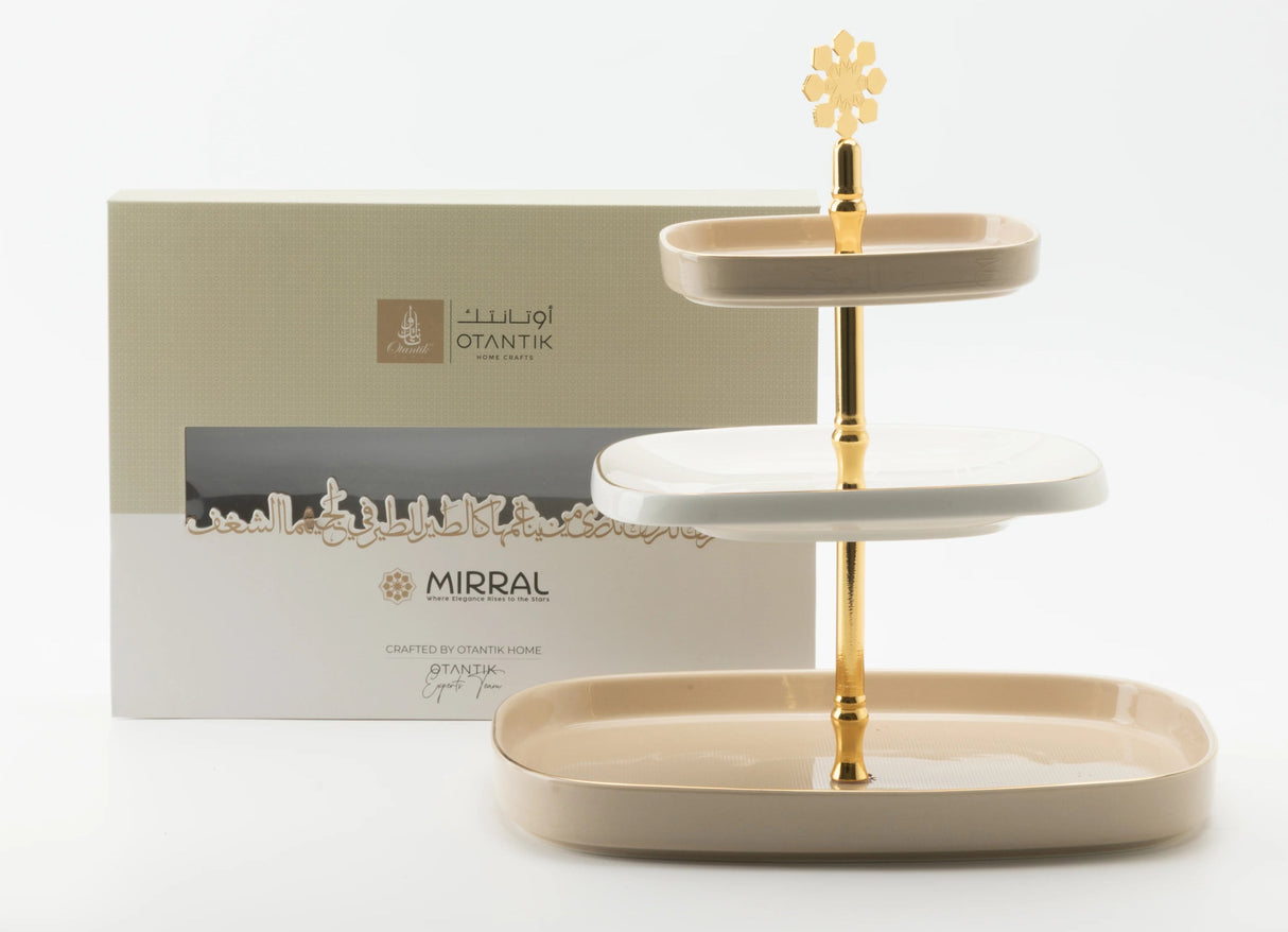 Otantik Mirral Luxury 3 - Tier Porcelain Dessert & Cake Stand – Beige with Gold Finish (30*32 cm) - Al Kabayel Discount CentreOtantik Mirral Luxury 3 - Tier Porcelain Dessert & Cake Stand – Beige with Gold Finish (30*32 cm)Serving TraysOTANTIKAl Kabayel Discount Centre