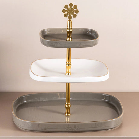 Otantik Mirral Luxury 3 - Tier Porcelain Dessert & Cake Stand – Grey with Gold Finish (30*32 cm) - Al Kabayel Discount CentreOtantik Mirral Luxury 3 - Tier Porcelain Dessert & Cake Stand – Grey with Gold Finish (30*32 cm)Serving TraysOTANTIKAl Kabayel Discount Centre