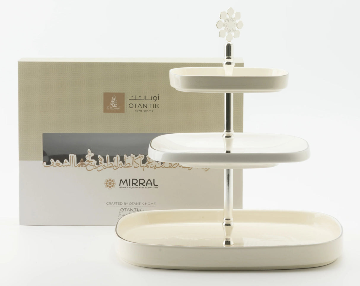 Otantik Mirral Luxury 3 - Tier Porcelain Dessert & Cake Stand – White with Silver Finish (30*32 cm) - Al Kabayel Discount CentreOtantik Mirral Luxury 3 - Tier Porcelain Dessert & Cake Stand – White with Silver Finish (30*32 cm)Serving TraysOTANTIKAl Kabayel Discount Centre