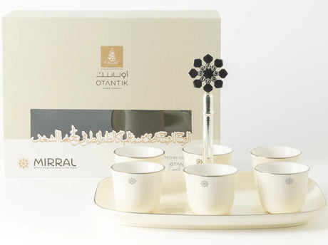 Otantik Mirral Luxury 7 - Piece Arabic Coffee Set with Stand – White & Silver Porcelain Cups 50CC - Al Kabayel Discount CentreOtantik Mirral Luxury 7 - Piece Arabic Coffee Set with Stand – White & Silver Porcelain Cups 50CCTea SetsOTANTIKAl Kabayel Discount Centre