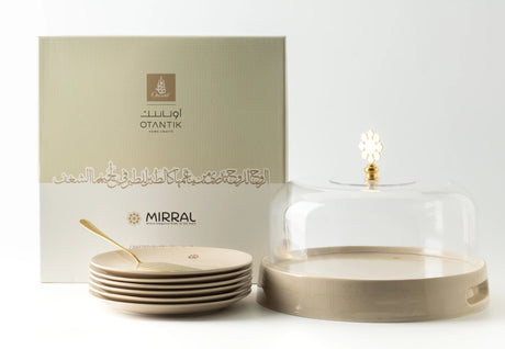 Otantik Mirral Premium 9 - Piece Porcelain Cake Serving Set with Acrylic Lid – Beige & Gold (7.5+10") - Al Kabayel Discount CentreOtantik Mirral Premium 9 - Piece Porcelain Cake Serving Set with Acrylic Lid – Beige & Gold (7.5+10")Serving TraysOTANTIKAl Kabayel Discount Centre