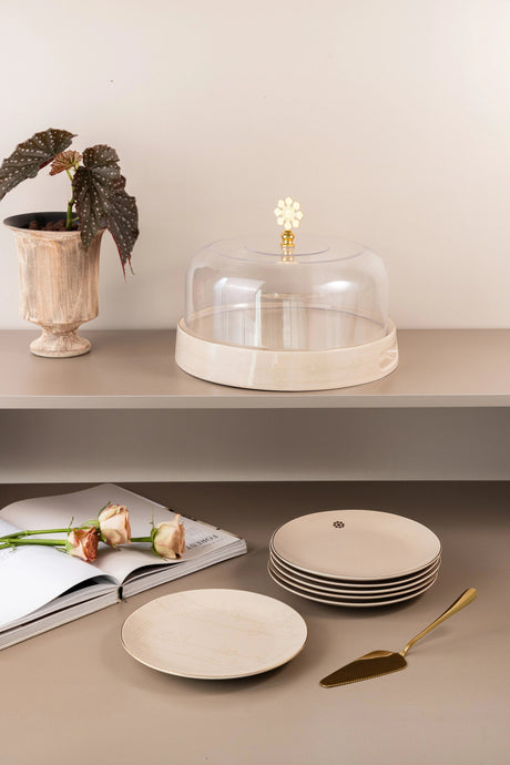 Otantik Mirral Premium 9 - Piece Porcelain Cake Serving Set with Acrylic Lid – Beige & Gold (7.5+10") - Al Kabayel Discount CentreOtantik Mirral Premium 9 - Piece Porcelain Cake Serving Set with Acrylic Lid – Beige & Gold (7.5+10")Serving TraysOTANTIKAl Kabayel Discount Centre