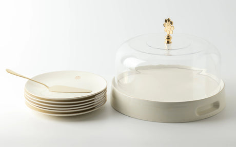 Otantik Mirral Premium 9 - Piece Porcelain Cake Serving Set with Acrylic Lid – White & Gold (7.5+10") - Al Kabayel Discount CentreOtantik Mirral Premium 9 - Piece Porcelain Cake Serving Set with Acrylic Lid – White & Gold (7.5+10")Serving TraysOTANTIKAl Kabayel Discount Centre