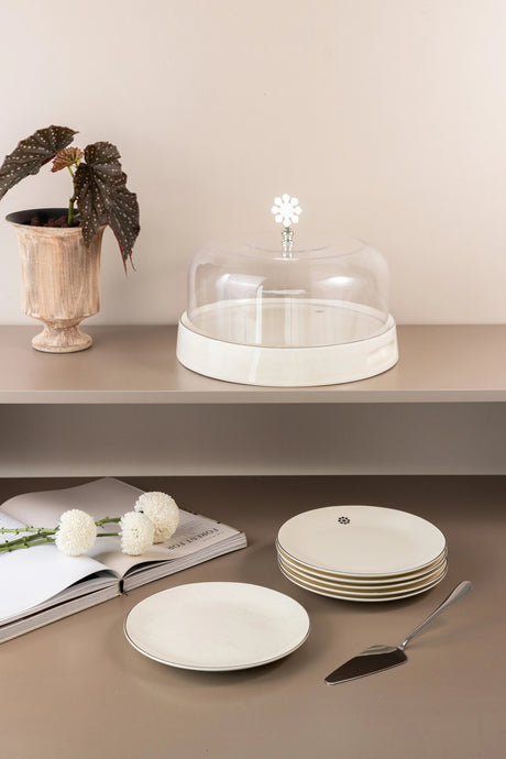 Otantik Mirral Premium 9 - Piece Porcelain Cake Serving Set with Acrylic Lid – White & Silver (7.5+10") - Al Kabayel Discount CentreOtantik Mirral Premium 9 - Piece Porcelain Cake Serving Set with Acrylic Lid – White & Silver (7.5+10")Serving TraysOTANTIKAl Kabayel Discount Centre