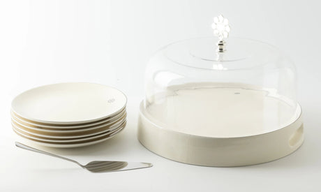 Otantik Mirral Premium 9 - Piece Porcelain Cake Serving Set with Acrylic Lid – White & Silver (7.5+10") - Al Kabayel Discount CentreOtantik Mirral Premium 9 - Piece Porcelain Cake Serving Set with Acrylic Lid – White & Silver (7.5+10")Serving TraysOTANTIKAl Kabayel Discount Centre