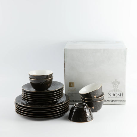 Otantik Naqsh 18pcs Porcelain Dinner Set Includes 10.5" Plate 6pcs+ 7.5" Plate 6pcs+4.75" Bowl 6pcs, Black/Gold - ET2994 - Al Kabayel Discount CentreOtantik Naqsh 18pcs Porcelain Dinner Set Includes 10.5" Plate 6pcs+ 7.5" Plate 6pcs+4.75" Bowl 6pcs, Black/Gold - ET2994Dinnerware SetsOTANTIKAl Kabayel Discount Centre