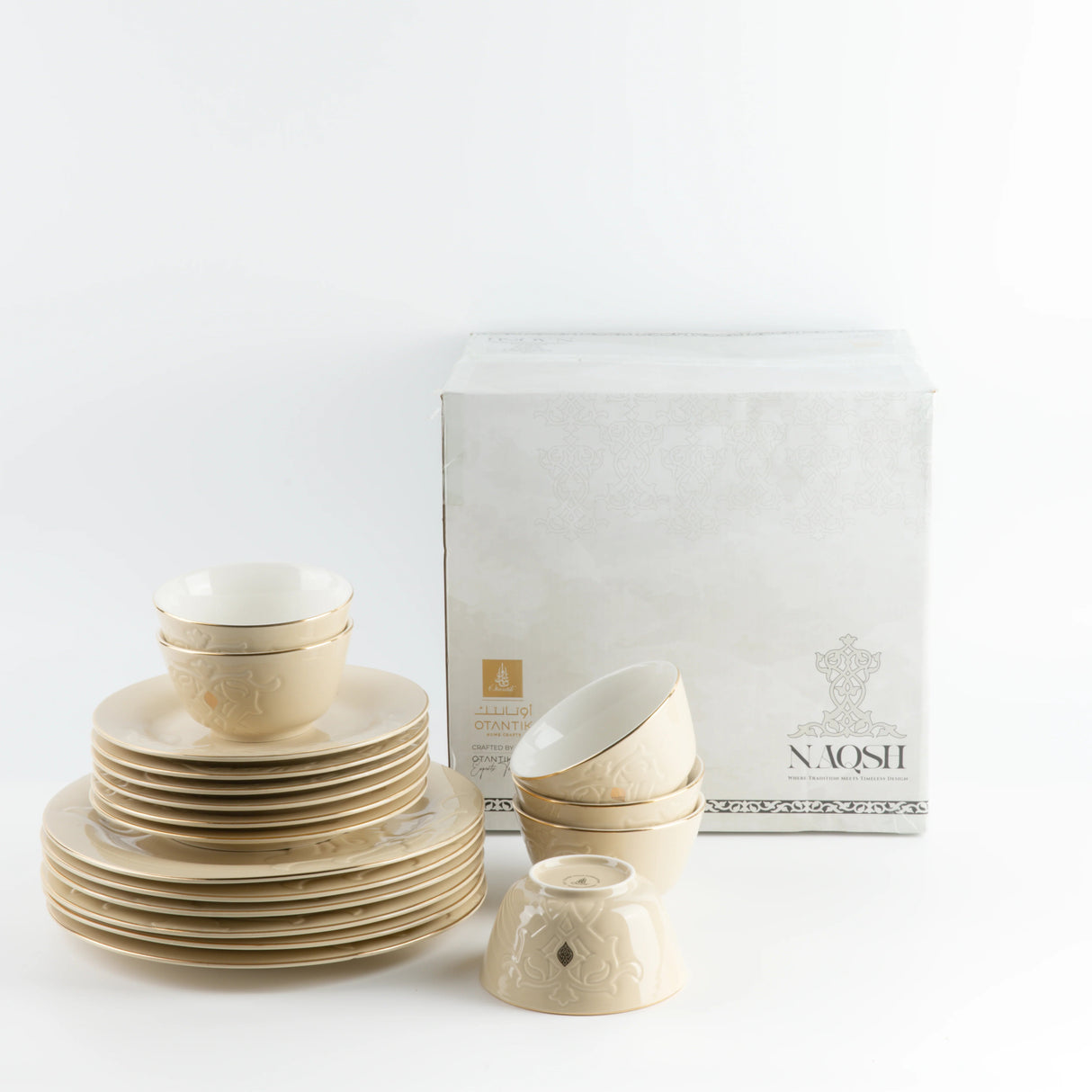 Otantik Naqsh 18pcs Porcelain Dinner Set Includes 10.5" Plate 6pcs+ 7.5" Plate 6pcs+4.75" Bowl 6pcs, Ivory/Gold - ET2992 - Al Kabayel Discount CentreOtantik Naqsh 18pcs Porcelain Dinner Set Includes 10.5" Plate 6pcs+ 7.5" Plate 6pcs+4.75" Bowl 6pcs, Ivory/Gold - ET2992Dinnerware SetsOTANTIKAl Kabayel Discount Centre