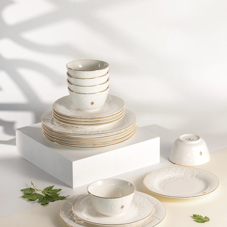 Otantik Naqsh 18pcs Porcelain Dinner Set Includes 10.5" Plate 6pcs+ 7.5" Plate 6pcs+4.75" Bowl 6pcs, White/Gold - ET2990 - Al Kabayel Discount CentreOtantik Naqsh 18pcs Porcelain Dinner Set Includes 10.5" Plate 6pcs+ 7.5" Plate 6pcs+4.75" Bowl 6pcs, White/Gold - ET2990Dinnerware SetsOTANTIKAl Kabayel Discount Centre