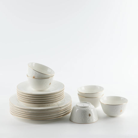 Otantik Naqsh 18pcs Porcelain Dinner Set Includes 10.5" Plate 6pcs+ 7.5" Plate 6pcs+4.75" Bowl 6pcs, White/Gold - ET2990 - Al Kabayel Discount CentreOtantik Naqsh 18pcs Porcelain Dinner Set Includes 10.5" Plate 6pcs+ 7.5" Plate 6pcs+4.75" Bowl 6pcs, White/Gold - ET2990Dinnerware SetsOTANTIKAl Kabayel Discount Centre