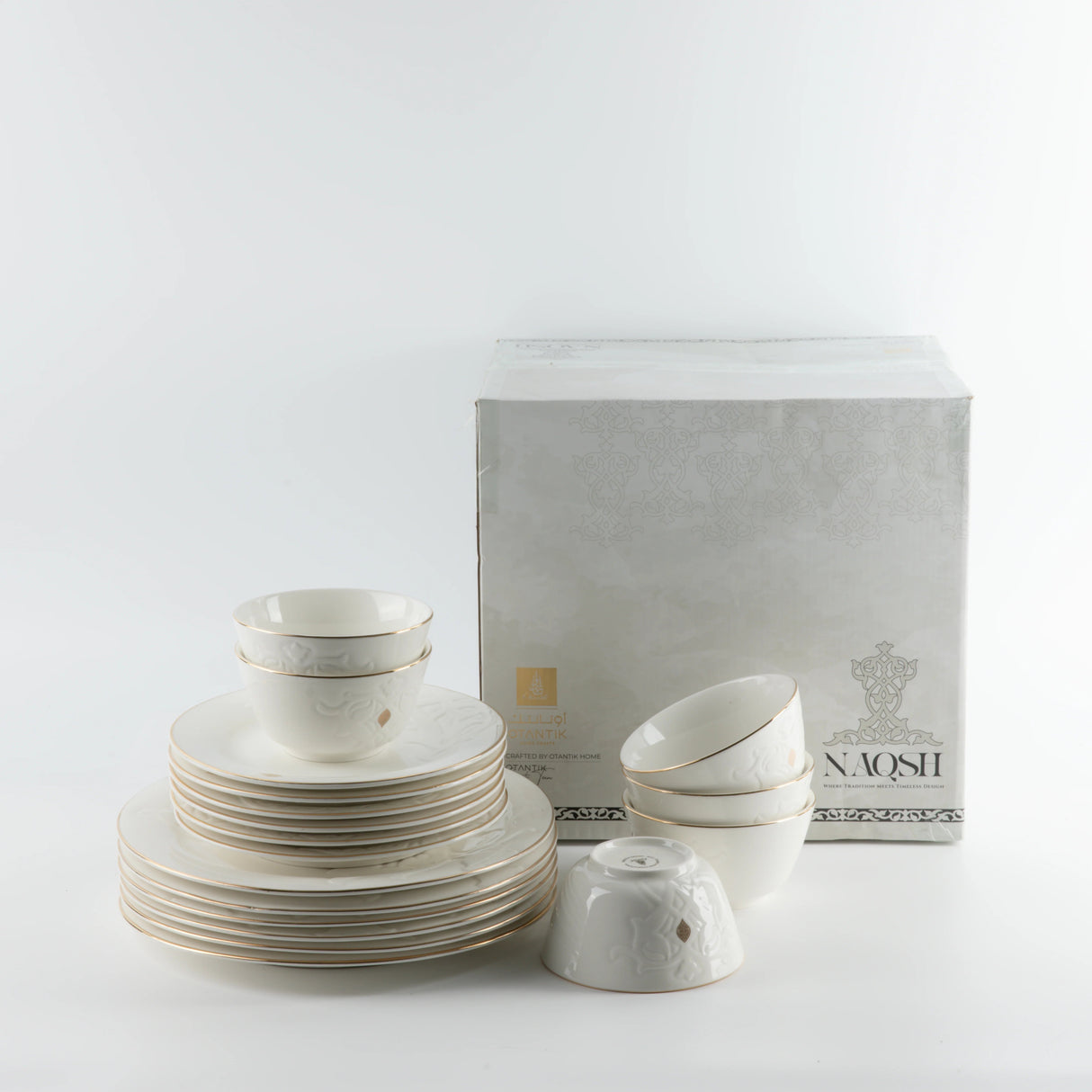 Otantik Naqsh 18pcs Porcelain Dinner Set Includes 10.5" Plate 6pcs+ 7.5" Plate 6pcs+4.75" Bowl 6pcs, White/Gold - ET2990 - Al Kabayel Discount CentreOtantik Naqsh 18pcs Porcelain Dinner Set Includes 10.5" Plate 6pcs+ 7.5" Plate 6pcs+4.75" Bowl 6pcs, White/Gold - ET2990Dinnerware SetsOTANTIKAl Kabayel Discount Centre