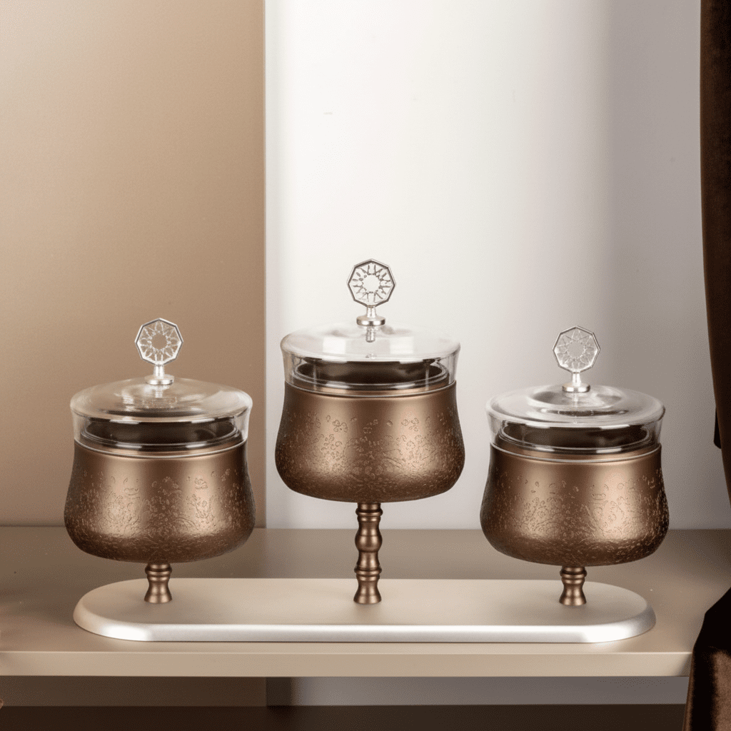 Otantik Nourhan Luxury Bronze Nuts Serving Set with Crystal Lids & Marble Tray - 3 Bowls - Al Kabayel Discount CentreOtantik Nourhan Luxury Bronze Nuts Serving Set with Crystal Lids & Marble Tray - 3 BowlsBowlsOTANTIKAl Kabayel Discount Centre