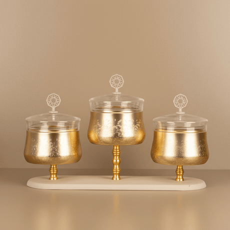 Otantik Nourhan Luxury Gold Nuts Serving Set with Glass Domes & Marble Tray - 3 Bowls - Al Kabayel Discount CentreOtantik Nourhan Luxury Gold Nuts Serving Set with Glass Domes & Marble Tray - 3 BowlsBowlsOTANTIKAl Kabayel Discount Centre