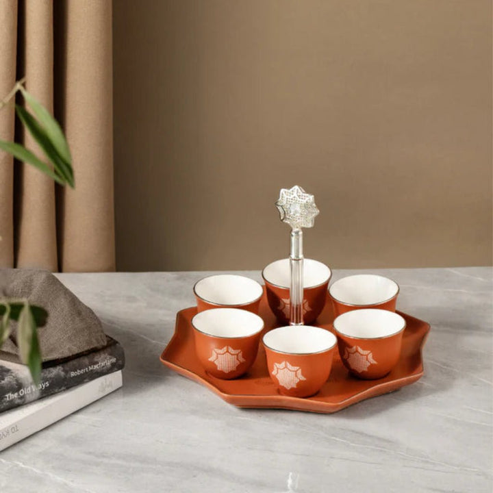 Otantik Octara - Arabic Coffee Cups With Holder - Porcelain - Orange & Silver