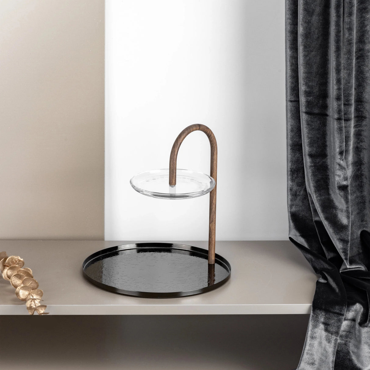 Otantik Stainless Steel Two - Tier Stand With Bracket By Nourhan - Glossy Black + Wood - Al Kabayel Discount CentreOtantik Stainless Steel Two - Tier Stand With Bracket By Nourhan - Glossy Black + WoodServing TraysOTANTIKAl Kabayel Discount Centre