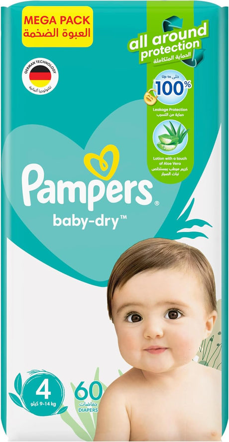 Pampers Baby - Dry Taped Diapers with Aloe Vera Lotion, up to 100% Leakage Protection, Size 4, 9 - 14kg, 60 Count - Al Kabayel Discount CentrePampers Baby - Dry Taped Diapers with Aloe Vera Lotion, up to 100% Leakage Protection, Size 4, 9 - 14kg, 60 CountBaby ProductsPAMPERSAl Kabayel Discount Centre