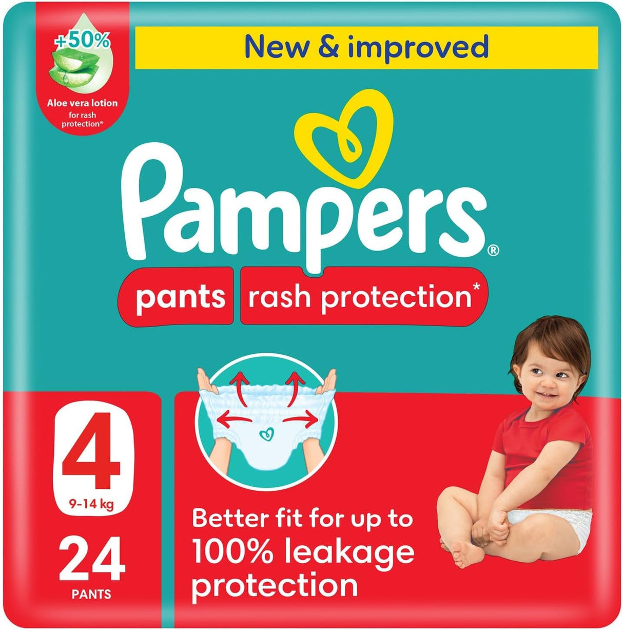 Pampers Rash Protection Pants Diapers, Size 4, 9 - 14kg, +50% Aloe Vera Lotion, 360° Leak - Free Fit for up to 100% Leakage Protection, Value Pack, 24 Count - Al Kabayel Discount CentrePampers Rash Protection Pants Diapers, Size 4, 9 - 14kg, +50% Aloe Vera Lotion, 360° Leak - Free Fit for up to 100% Leakage Protection, Value Pack, 24 CountBaby ProductsPAMPERSAl Kabayel Discount Centre