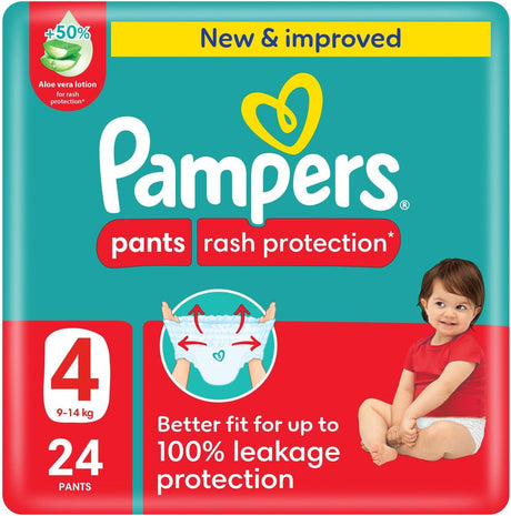 Pampers Rash Protection Pants Diapers, Size 4, 9 - 14kg, +50% Aloe Vera Lotion, 360° Leak - Free Fit for up to 100% Leakage Protection, Value Pack, 24 Count - Al Kabayel Discount CentrePampers Rash Protection Pants Diapers, Size 4, 9 - 14kg, +50% Aloe Vera Lotion, 360° Leak - Free Fit for up to 100% Leakage Protection, Value Pack, 24 CountBaby ProductsPAMPERSAl Kabayel Discount Centre