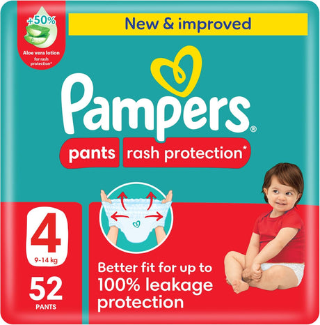 Pampers Rash Protection Pants Diapers, Size 4, 9 - 14kg, Mega Pack, 52 pcs - Al Kabayel Discount CentrePampers Rash Protection Pants Diapers, Size 4, 9 - 14kg, Mega Pack, 52 pcsBaby ProductsPAMPERSAl Kabayel Discount Centre