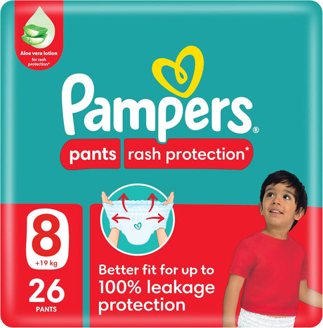 Pampers Rash Protection Pants Diapers, Size 8, 19+kg, with Aloe Vera, 360° Leak - Free Fit for up to 100% Leakage Protection, Value Pack, 26 Count - Al Kabayel Discount CentrePampers Rash Protection Pants Diapers, Size 8, 19+kg, with Aloe Vera, 360° Leak - Free Fit for up to 100% Leakage Protection, Value Pack, 26 CountBaby ProductsPAMPERSAl Kabayel Discount Centre