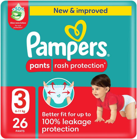 Pampers Rash Protection, Size 3, 6 - 11 kg, Value Pack, 26 Diaper Pants - Al Kabayel Discount CentrePampers Rash Protection, Size 3, 6 - 11 kg, Value Pack, 26 Diaper PantsBaby ProductsPAMPERSAl Kabayel Discount Centre