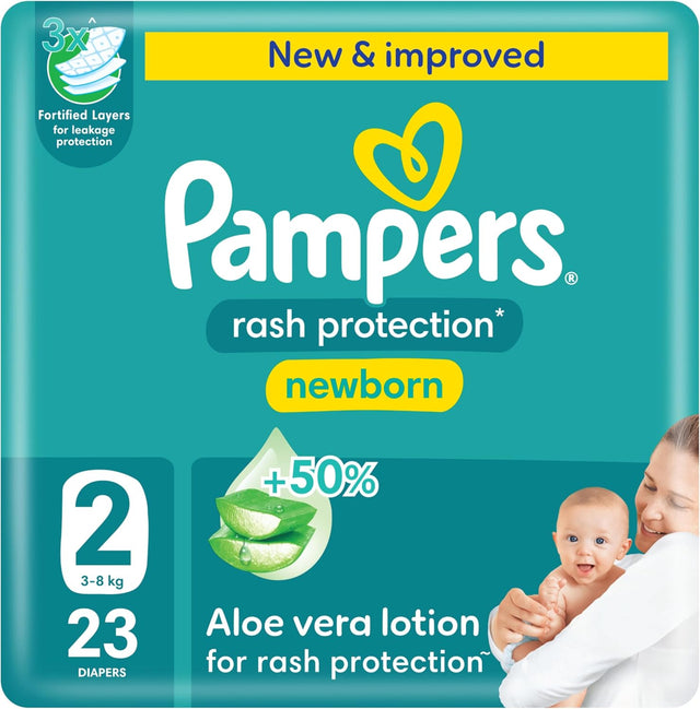 Pampers Rash Protection Taped Diapers, Size 2, 3 - 8kg, +50% Aloe Vera Lotion for Rash Protection, 3x Fortified Layers for Leakage Protection, Carry Pack, 23 Count - Al Kabayel Discount CentrePampers Rash Protection Taped Diapers, Size 2, 3 - 8kg, +50% Aloe Vera Lotion for Rash Protection, 3x Fortified Layers for Leakage Protection, Carry Pack, 23 CountBaby ProductsPAMPERSAl Kabayel Discount Centre