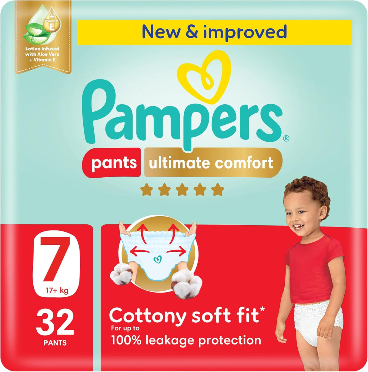 Pampers Ultimate Comfort Pants Diapers, Size 7, 17+kg, Lotion infused with Aloe Vera and Vitamin E, Cottony Soft Fit for up to 100% Leakage Protection, Super Saving Pack, 32 Count - Al Kabayel Discount CentrePampers Ultimate Comfort Pants Diapers, Size 7, 17+kg, Lotion infused with Aloe Vera and Vitamin E, Cottony Soft Fit for up to 100% Leakage Protection, Super Saving Pack, 32 CountBaby ProductsPAMPERSAl Kabayel Discount Centre