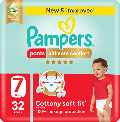 Pampers Ultimate Comfort Pants Diapers, Size 7, 17+kg, Lotion infused with Aloe Vera and Vitamin E, Cottony Soft Fit for up to 100% Leakage Protection, Super Saving Pack, 32 Count - Al Kabayel Discount CentrePampers Ultimate Comfort Pants Diapers, Size 7, 17+kg, Lotion infused with Aloe Vera and Vitamin E, Cottony Soft Fit for up to 100% Leakage Protection, Super Saving Pack, 32 CountBaby ProductsPAMPERSAl Kabayel Discount Centre