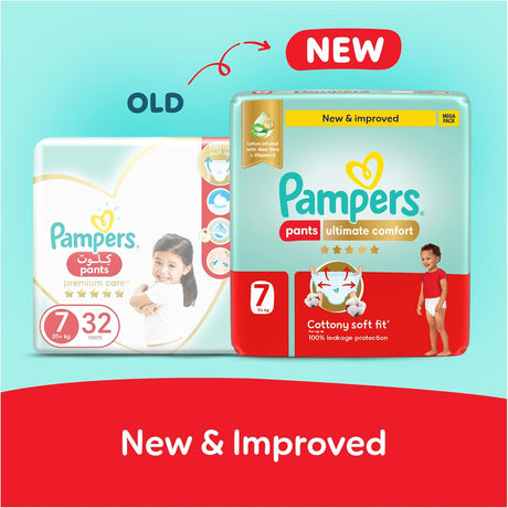 Pampers Ultimate Comfort Pants Diapers, Size 7, 17+kg, Lotion infused with Aloe Vera and Vitamin E, Cottony Soft Fit for up to 100% Leakage Protection, Super Saving Pack, 32 Count - Al Kabayel Discount CentrePampers Ultimate Comfort Pants Diapers, Size 7, 17+kg, Lotion infused with Aloe Vera and Vitamin E, Cottony Soft Fit for up to 100% Leakage Protection, Super Saving Pack, 32 CountBaby ProductsPAMPERSAl Kabayel Discount Centre