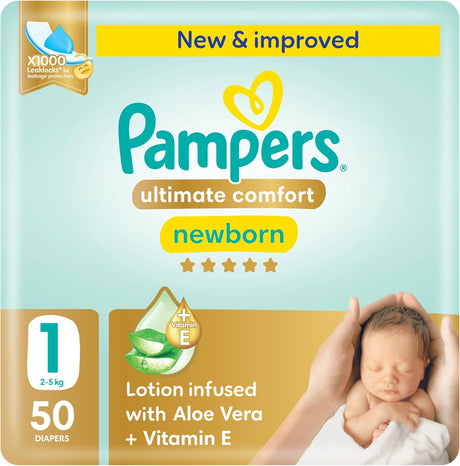 Pampers Ultimate Comfort Taped Diapers, Size 1, 2 - 5kg, Lotion infused with Aloe Vera and Vitamin E, x1000 Leak Locks Technology for Leakage Protection, MIP, 50 Count - Al Kabayel Discount CentrePampers Ultimate Comfort Taped Diapers, Size 1, 2 - 5kg, Lotion infused with Aloe Vera and Vitamin E, x1000 Leak Locks Technology for Leakage Protection, MIP, 50 CountBaby ProductsPAMPERSAl Kabayel Discount Centre