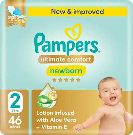 Pampers Ultimate Comfort Taped Diapers, Size 2, 3 - 8kg, Lotion infused with Aloe Vera and Vitamin E, x1000 Leak Locks Technology for Leakage Protection, MIP, 46 Count - Al Kabayel Discount CentrePampers Ultimate Comfort Taped Diapers, Size 2, 3 - 8kg, Lotion infused with Aloe Vera and Vitamin E, x1000 Leak Locks Technology for Leakage Protection, MIP, 46 CountBaby ProductsPAMPERSAl Kabayel Discount Centre