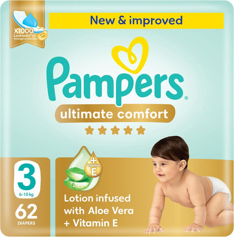 Pampers Ultimate Comfort Taped Diapers, Size 3, 6 - 10kg, Lotion infused with Aloe Vera and Vitamin E, x1000 Leak Locks Technology for Leakage Protection, Mega Pack, 62 Count - Al Kabayel Discount CentrePampers Ultimate Comfort Taped Diapers, Size 3, 6 - 10kg, Lotion infused with Aloe Vera and Vitamin E, x1000 Leak Locks Technology for Leakage Protection, Mega Pack, 62 CountBaby ProductsPAMPERSAl Kabayel Discount Centre