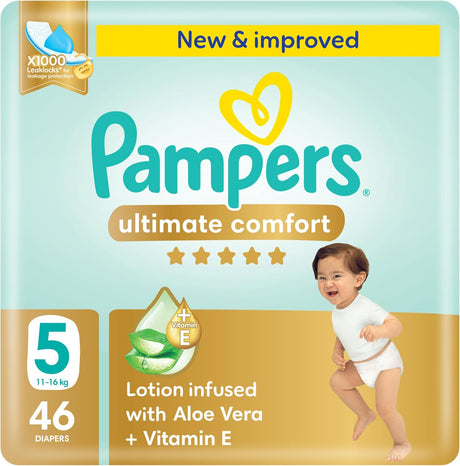 Pampers Ultimate Comfort Taped Diapers, Size 5, 11 - 16kg, Lotion infused with Aloe Vera and Vitamin E, x1000 Leak Locks Technology for Leakage Protection, Mega Pack, 46 Count - Al Kabayel Discount CentrePampers Ultimate Comfort Taped Diapers, Size 5, 11 - 16kg, Lotion infused with Aloe Vera and Vitamin E, x1000 Leak Locks Technology for Leakage Protection, Mega Pack, 46 CountBaby ProductsPAMPERSAl Kabayel Discount Centre