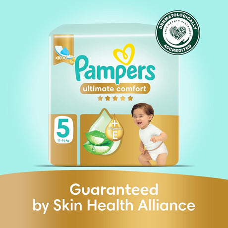 Pampers Ultimate Comfort Taped Diapers, Size 5, 11 - 16kg, Lotion infused with Aloe Vera and Vitamin E, x1000 Leak Locks Technology for Leakage Protection, Mega Pack, 46 Count - Al Kabayel Discount CentrePampers Ultimate Comfort Taped Diapers, Size 5, 11 - 16kg, Lotion infused with Aloe Vera and Vitamin E, x1000 Leak Locks Technology for Leakage Protection, Mega Pack, 46 CountBaby ProductsPAMPERSAl Kabayel Discount Centre