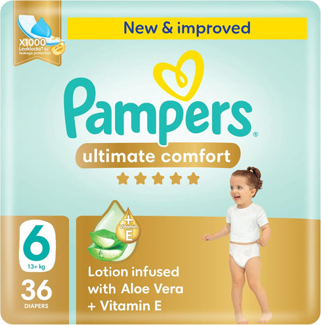Pampers Ultimate Comfort Taped Diapers, Size 6, 13+kg, Lotion infused with Aloe Vera and Vitamin E, x1000 Leak Locks Technology for Leakage Protection, Mega Pack, 36 Count - Al Kabayel Discount CentrePampers Ultimate Comfort Taped Diapers, Size 6, 13+kg, Lotion infused with Aloe Vera and Vitamin E, x1000 Leak Locks Technology for Leakage Protection, Mega Pack, 36 CountBaby ProductsPAMPERSAl Kabayel Discount Centre