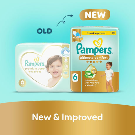 Pampers Ultimate Comfort Taped Diapers, Size 6, 13+kg, Lotion infused with Aloe Vera and Vitamin E, x1000 Leak Locks Technology for Leakage Protection, Mega Pack, 36 Count - Al Kabayel Discount CentrePampers Ultimate Comfort Taped Diapers, Size 6, 13+kg, Lotion infused with Aloe Vera and Vitamin E, x1000 Leak Locks Technology for Leakage Protection, Mega Pack, 36 CountBaby ProductsPAMPERSAl Kabayel Discount Centre