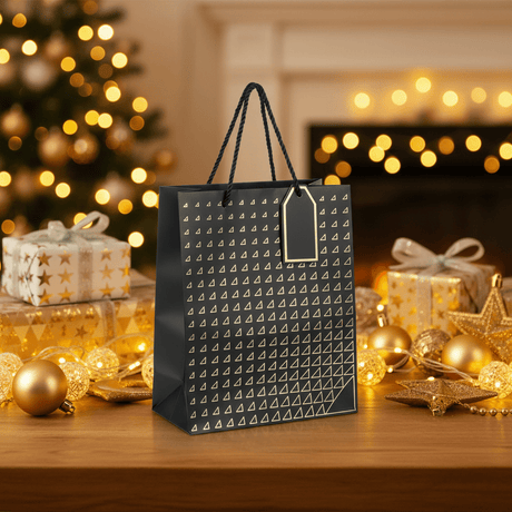 Paper Gift Bag with Gold Triangle Pattern & Rope Handles – 32×26cm | Premium Gift Packaging for All Occasions - Al Kabayel Discount CentrePaper Gift Bag with Gold Triangle Pattern & Rope Handles – 32×26cm | Premium Gift Packaging for All OccasionsPacking & Wrapping SuppliesAKDCAl Kabayel Discount Centre