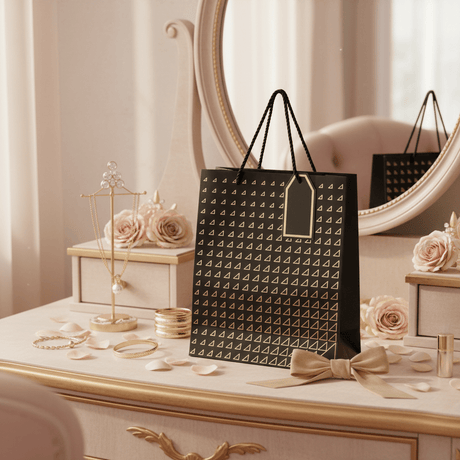Paper Gift Bag with Gold Triangle Pattern & Rope Handles – 32×26cm | Premium Gift Packaging for All Occasions - Al Kabayel Discount CentrePaper Gift Bag with Gold Triangle Pattern & Rope Handles – 32×26cm | Premium Gift Packaging for All OccasionsPacking & Wrapping SuppliesAKDCAl Kabayel Discount Centre