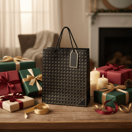 Paper Gift Bag with Gold Triangle Pattern & Rope Handles – 32×26cm | Premium Gift Packaging for All Occasions - Al Kabayel Discount CentrePaper Gift Bag with Gold Triangle Pattern & Rope Handles – 32×26cm | Premium Gift Packaging for All OccasionsPacking & Wrapping SuppliesAKDCAl Kabayel Discount Centre