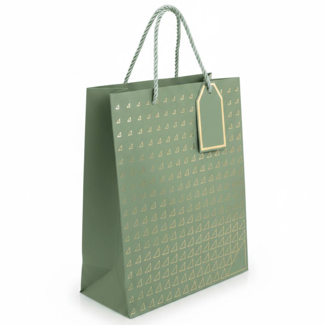 Paper Gift Bag with Gold Triangle Pattern & Rope Handles – 32×26cm | Premium Gift Packaging for All Occasions - Al Kabayel Discount CentrePaper Gift Bag with Gold Triangle Pattern & Rope Handles – 32×26cm | Premium Gift Packaging for All OccasionsPacking & Wrapping SuppliesAKDCAl Kabayel Discount Centre