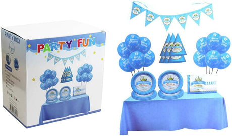 Party Fun 46pcs Prince Happy Birthday Party Box Set, Includes 12pcs Ballon 12", 1pc Banner, 6pcs Paper Plate 7", 6pcs Paper Hat 6", 1pc Table Cloth, 20pcs Paper Napkin, Blue - Al Kabayel Discount CentreParty Fun 46pcs Prince Happy Birthday Party Box Set, Includes 12pcs Ballon 12", 1pc Banner, 6pcs Paper Plate 7", 6pcs Paper Hat 6", 1pc Table Cloth, 20pcs Paper Napkin, BlueParty SuppliesPARTY FUNAl Kabayel Discount Centre