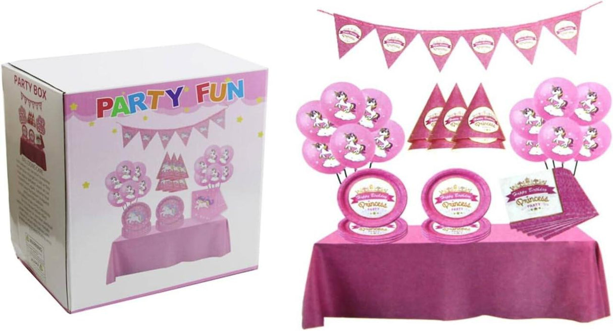 Party Fun 46pcs Unicorn Birthday Party Box Set, Includes 12pcs Ballon 12", 1pc Banner, 6pcs Paper Plate 7", 6pcs Paper Hat 6", 1pc Table Cloth, 20pcs Paper Napkin, Pink - Al Kabayel Discount CentreParty Fun 46pcs Unicorn Birthday Party Box Set, Includes 12pcs Ballon 12", 1pc Banner, 6pcs Paper Plate 7", 6pcs Paper Hat 6", 1pc Table Cloth, 20pcs Paper Napkin, PinkParty SuppliesPARTY FUNAl Kabayel Discount Centre