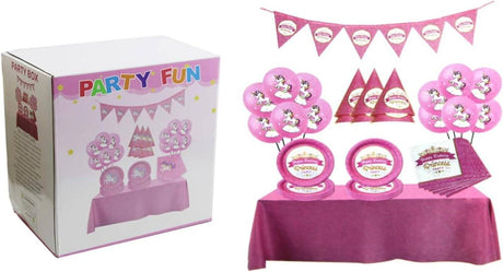 Party Fun 46pcs Unicorn Birthday Party Box Set, Includes 12pcs Ballon 12", 1pc Banner, 6pcs Paper Plate 7", 6pcs Paper Hat 6", 1pc Table Cloth, 20pcs Paper Napkin, Pink - Al Kabayel Discount CentreParty Fun 46pcs Unicorn Birthday Party Box Set, Includes 12pcs Ballon 12", 1pc Banner, 6pcs Paper Plate 7", 6pcs Paper Hat 6", 1pc Table Cloth, 20pcs Paper Napkin, PinkParty SuppliesPARTY FUNAl Kabayel Discount Centre