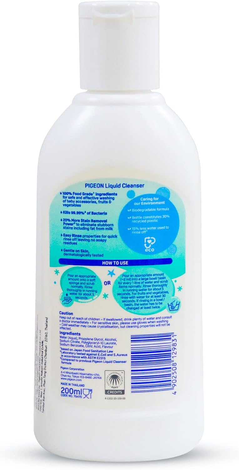 Pigeon Liquid Cleanser, 100% Food Grade Ingredients, Kills 99.99% Bacteria, 200ml - Al Kabayel Discount CentrePigeon Liquid Cleanser, 100% Food Grade Ingredients, Kills 99.99% Bacteria, 200mlHousehold CleaningPIGEONAl Kabayel Discount Centre
