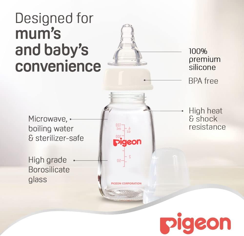 Pigeon Slim Neck Glass Feeding Bottle, Clear Cap, Ultra Soft Silicone Nipple, Anti - Colic, Durable & Long Lasting, BPA & BPS Free, White/Clear, 120ml - Al Kabayel Discount CentrePigeon Slim Neck Glass Feeding Bottle, Clear Cap, Ultra Soft Silicone Nipple, Anti - Colic, Durable & Long Lasting, BPA & BPS Free, White/Clear, 120mlBaby ProductsPIGEONAl Kabayel Discount Centre