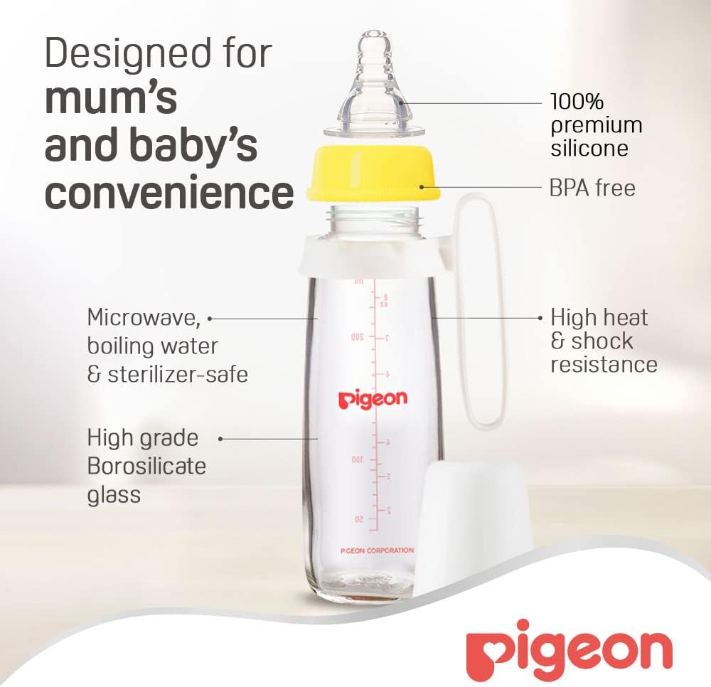 Pigeon Slim Neck Glass Feeding Bottle, White Cap With Handle, Ultra - Soft Silicone, Anti - Colic, Bpa & Bps Free, 240ml, Assorted Color - Al Kabayel Discount CentrePigeon Slim Neck Glass Feeding Bottle, White Cap With Handle, Ultra - Soft Silicone, Anti - Colic, Bpa & Bps Free, 240ml, Assorted ColorBaby ProductsPIGEONAl Kabayel Discount Centre