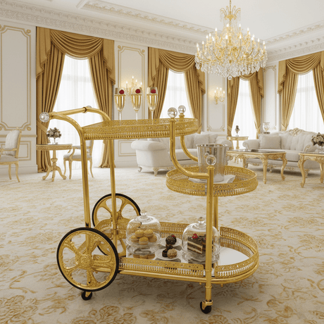 Pilsco 3-Tier Gold Metal & Mirror Glass Serving Trolley Cart | Ornate Filigree Design with Crystal Finials & Decorative Wheels | Luxury Hospitality & Majlis Tea Trolley | 80 x 80x 50 cm - Al Kabayel Discount CentrePilsco 3-Tier Gold Metal & Mirror Glass Serving Trolley Cart | Ornate Filigree Design with Crystal Finials & Decorative Wheels | Luxury Hospitality & Majlis Tea Trolley | 80 x 80x 50 cmOrganizers & AccessoriesPILSCOAl Kabayel Discount Centre