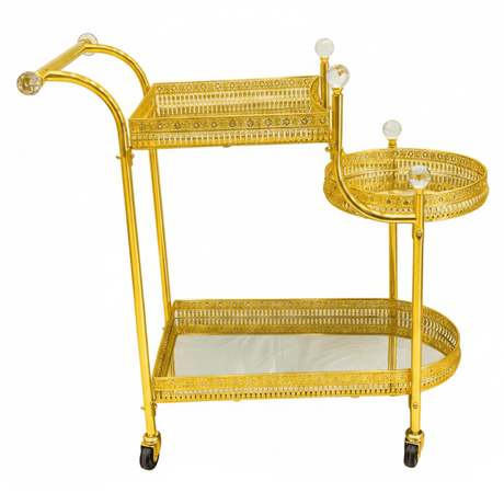 Pilsco 3-Tier Gold Metal & Mirrored Glass Serving Trolley Cart with Crystal Finials & Ornate Filigree Design | Luxury Hospitality & Majlis Tea Trolley on Wheels | 70 x 60 x 34 cm - Al Kabayel Discount CentrePilsco 3-Tier Gold Metal & Mirrored Glass Serving Trolley Cart with Crystal Finials & Ornate Filigree Design | Luxury Hospitality & Majlis Tea Trolley on Wheels | 70 x 60 x 34 cmOrganizers & AccessoriesPILSCOAl Kabayel Discount Centre