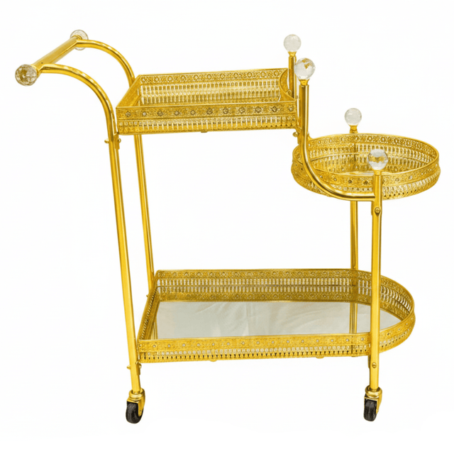 Pilsco 3-Tier Gold Metal & Mirrored Glass Serving Trolley Cart with Crystal Finials & Ornate Filigree Design | Luxury Hospitality & Majlis Tea Trolley on Wheels | 70 x 60 x 34 cm - Al Kabayel Discount CentrePilsco 3-Tier Gold Metal & Mirrored Glass Serving Trolley Cart with Crystal Finials & Ornate Filigree Design | Luxury Hospitality & Majlis Tea Trolley on Wheels | 70 x 60 x 34 cmOrganizers & AccessoriesPILSCOAl Kabayel Discount Centre