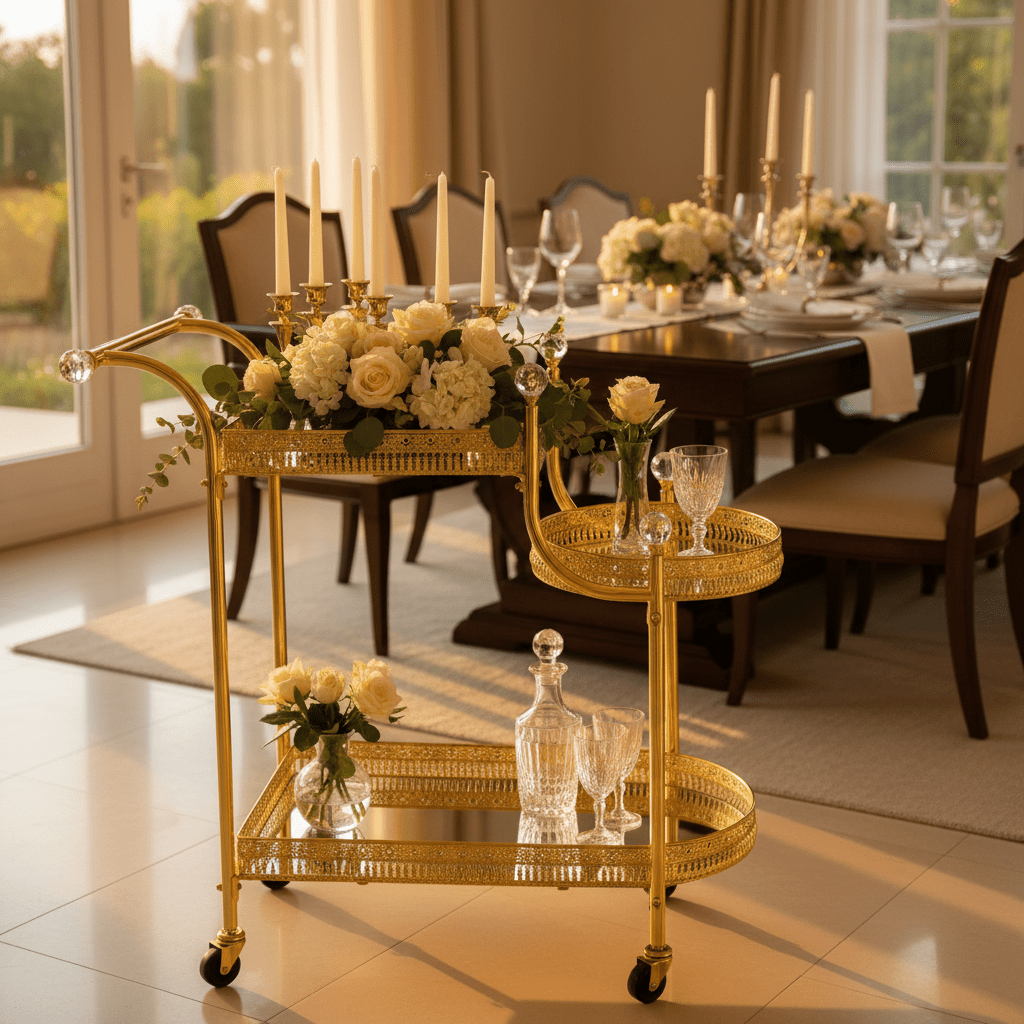 Pilsco 3-Tier Gold Metal & Mirrored Glass Serving Trolley Cart with Crystal Finials & Ornate Filigree Design | Luxury Hospitality & Majlis Tea Trolley on Wheels | 70 x 60 x 34 cm - Al Kabayel Discount CentrePilsco 3-Tier Gold Metal & Mirrored Glass Serving Trolley Cart with Crystal Finials & Ornate Filigree Design | Luxury Hospitality & Majlis Tea Trolley on Wheels | 70 x 60 x 34 cmOrganizers & AccessoriesPILSCOAl Kabayel Discount Centre